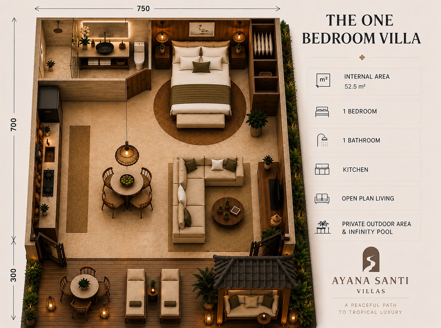 Ayana Santi one bedroom villa dimensioned floor plan