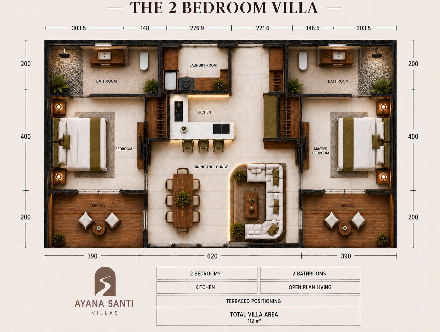 Ayana Santi two bedroom villa dimensioned floor plan